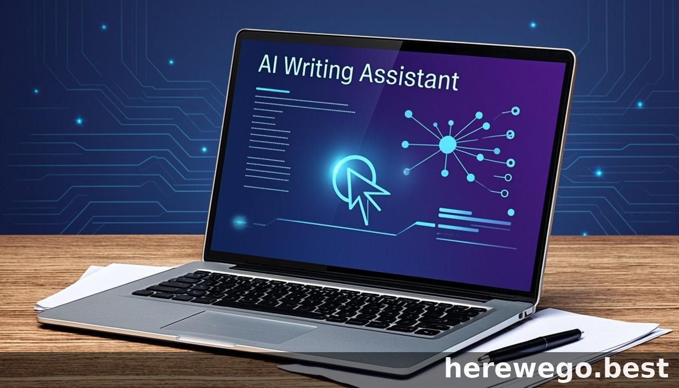 AI writing assistant on laptop screen, artificial intelligence helping with cont